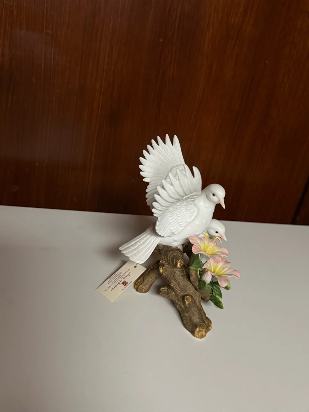 Home Interiors Vintage Porcelain White Dove Figurine with Pink Flowers